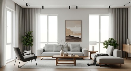 Fototapeta premium Serene and Stylish Modern Living Room Interior Design with Comfortable Seating and Ample Light
