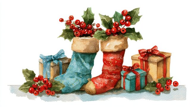 festive christmas stockings and gifts watercolor illustration for holiday season decor and backgrounds with red berries and holly