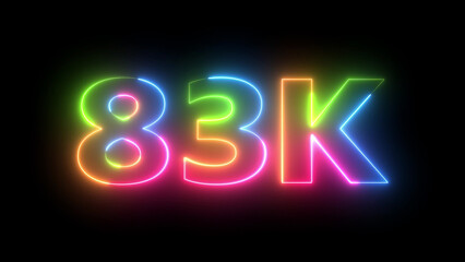 Vibrant glowing 83K neon sign colorful number isolated on black background for celebrations