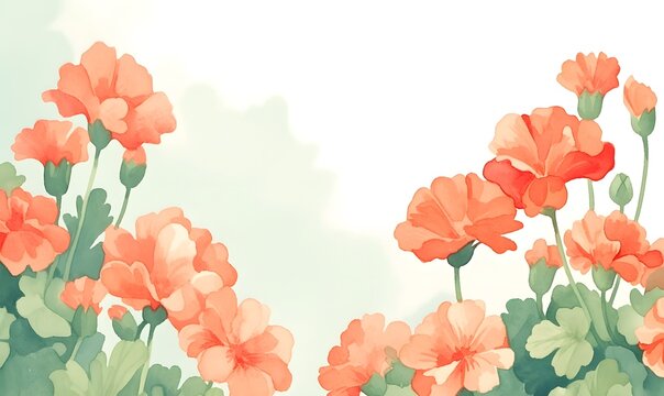 pink snd red geraniums on a foggy dawn watercolor