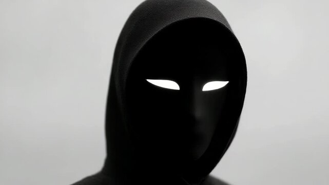 Mysterious figure black hooded cloak with glowing white eyes, faceless and enigmatic, evokes intrigue and suspense enigmatic figure with glowing eyes, black hood, faceless and emotionless