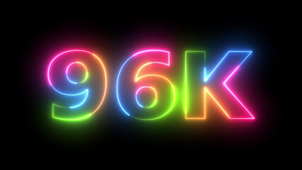 Neon 96K text glow vibrant iridescent light isolated on black background celebration