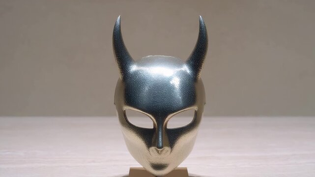 Metallic Horned Mask Fantasy Masquerade Mysterious Silver Textured Dramatic Costume Sculpture Art Display, Unique Creative Modern Eerie Elegant Party Celebration, Smooth Shiny Artistic Design