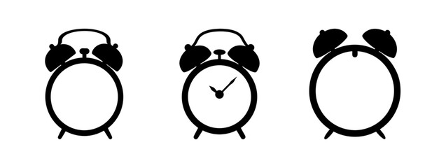 Three retro alarm clocks icons for time management scheduling and morning routine reminders graphic