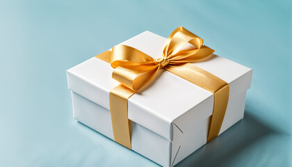Obraz premium an elegant white gift box with a large golden satin ribbon bow tied on top, placed on a simple and clean light blue solid surface.