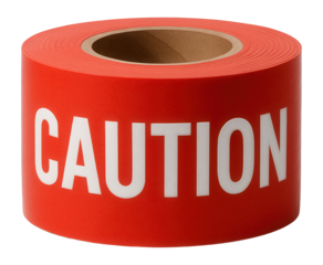 Red caution tape with white lettering, used at demolition sites to prevent unauthorized