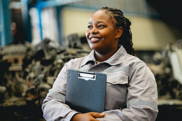 Female technician check used car damaged engine block at scrapyard warehouse recycle area part....