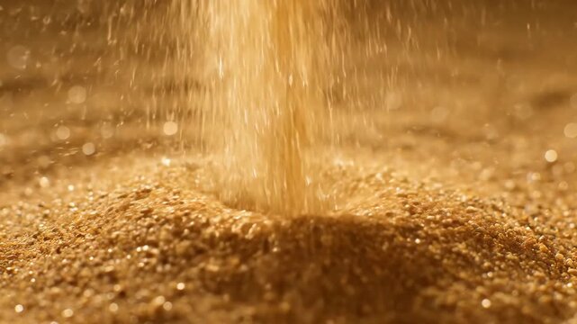 Fine golden sand grains slowly spin into a captivating miniature dust devil against a desolate, textured landscape nature, science education, dynamic