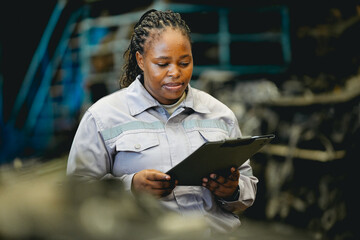 Female technician check used car damaged engine block at scrapyard warehouse recycle area part....
