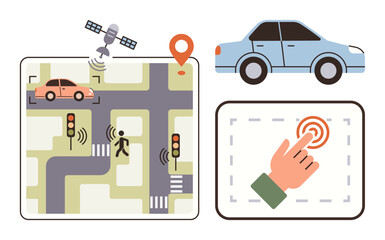 GPS tracking, car navigation, traffic lights, satellites, touch interaction, and road maps. Ideal for transportation, technology, connectivity smart cities road safety automation digital