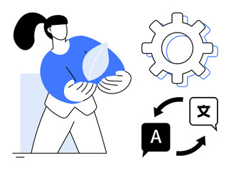 Woman holding a leaf symbolizing eco-awareness, gear for innovation, and translation arrows for global communication. Ideal for sustainability, ecology, teamwork, technology, globalization