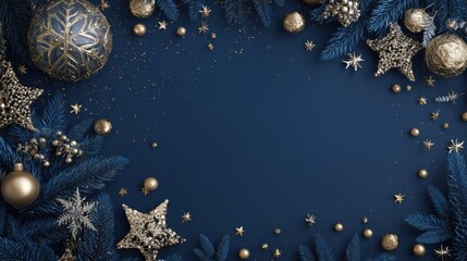 square christmas or new year frame top view decorative stars balls and tree branches over blue navy background copyspace place for text