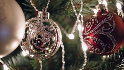 Elegant Christmas ornament silver bauble red bauble pine branch festive light holiday decoration with cozy atmosphere, decorated tree, glowing - Powered by Adobe