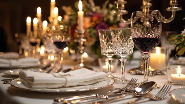 Elegant formal dining table setting with candles and wine glasses for special occasion dinner party celebration atmosphere luxury experience