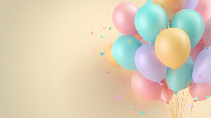 create a cheerful festive background in soft pastel colors featuring balloons on the right side