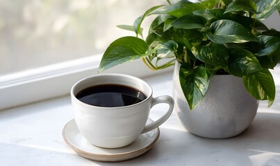  cup of coffee, pothos plant in pot nearby
