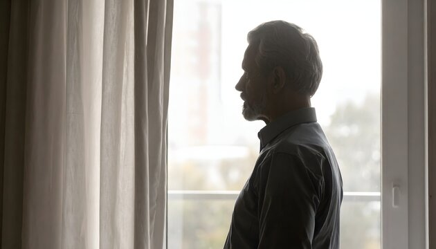 Elderly man looking out window, thoughtful, pensive mood, contemplative moment