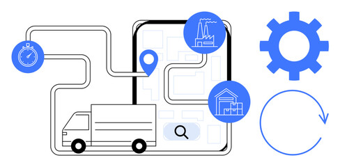 Truck traveling through connected routes on map with location pin, factory and warehouse icons. Ideal for delivery network, supply chain management, transportation, logistics, planning, operations