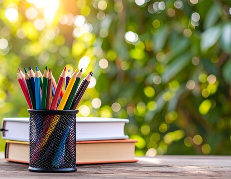 Colorful pencils in a holder on a wooden table with a blurred background of green foliage and sunlight