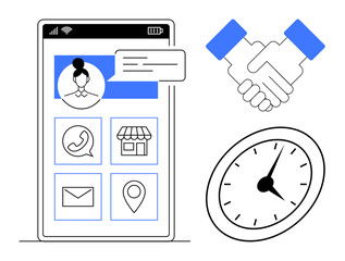 Smartphone screen with user profile, communication app icons, handshake, and clock highlighting efficiency and networking. Ideal for business, connectivity, punctuality, management, professionalism