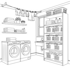 Fototapeta premium A detailed line drawing of a laundry room with appliances and supplies.