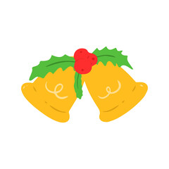 Golden Christmas Jingle Bells with Holly Berries Hand-Drawn Illustration