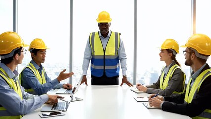 Diverse construction team meeting discussing project plans in a modern office.