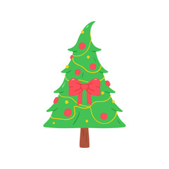 Decorated Christmas Tree Illustration with Large Red Bow and Ornaments