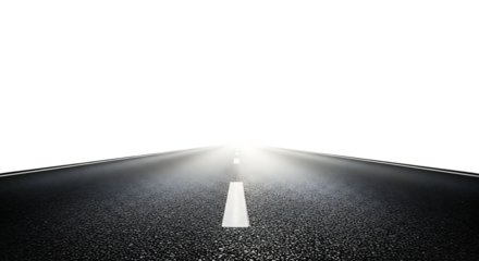 asphalt road with white lane markings receding into the distance, cutout, PNG isolated on white or transparent background