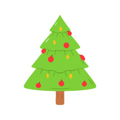 Cute Layered Christmas Tree Illustration with Ornaments and Lights