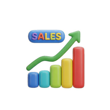 3d cartoon sales graph with upward arrow and colorful bars isolated on transparent background