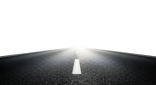 asphalt road with white lane markings receding into the distance, cutout, PNG isolated on white or transparent background