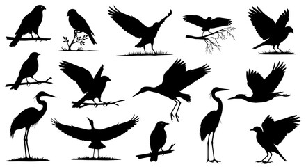 Obraz premium Dynamic collection of bird silhouettes showcasing flight, perching, and graceful poses in various natural settings