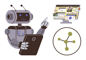 Robot interacting with tablet, data displayed on a monitor and connected nodes, representing AI insights, digital innovation, and network analysis. Ideal for AI, tech, data analysis, automation