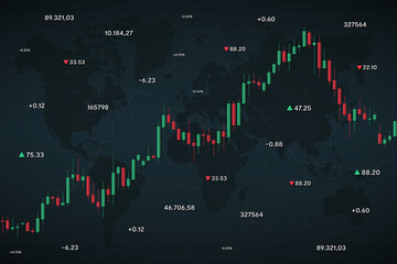 A stock market app composition graphic with world map and green and red numbers of invest growing