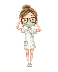 Cute cartoon illust n of a healthcare professional adjusting her glasses and mask.