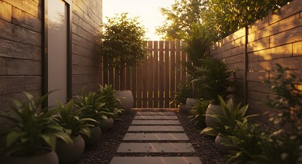 Fototapeta premium Wooden pathway garden with stone tiles and plants illuminated by sunlight