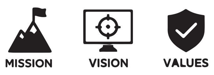 Mission, vision and values of business company. Target with arrow, business view and diamond icons. Success template. Mission purpose, leader vision and brilliant value. Infographic concept.