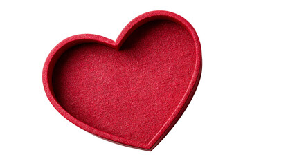 Obraz premium A bright red, open heart-shaped box with a textured interior rests on a clean white background, casting a soft shadow.