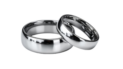 Two polished silver wedding rings intertwined on a clean white background, symbolizing love and commitment.