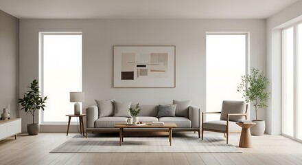 Fototapeta premium Bright and airy Scandinavian-style living room with minimalist furniture and natural light