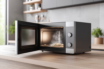 Fototapeta premium Open Microwave Steaming Hot Food on a Wooden Surface