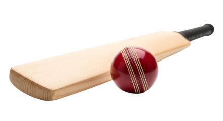 cricket bat and red ball with stitched seams, cutout, PNG isolated on white or transparent background
