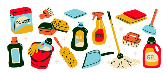 Cleaning supplies set. Icons or stickers with detergents, washing powder, mop, rags, plunger for cleaning and tidying up. Household tools. Flat vector illustration collection