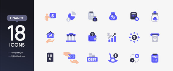 Set of finance related icons. Colorful icons of investing, money management, salary, loan, pension and savings. Design elements for app. Flat vector illustration collection