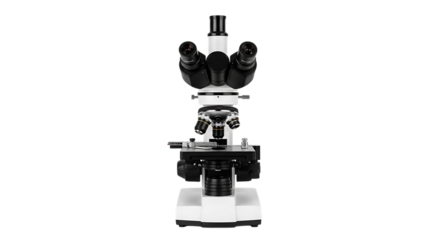 white compound microscope with multiple lenses and adjustable stage, cutout, PNG isolated on white or transparent background