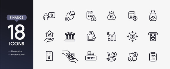 Set of finance related line icons. Simple symbols of money, personal budget, income analysis, bank, wallet, and taxes. Editable stroke. Outline vector illustration collection
