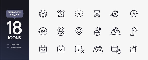 Set of time, date and location line icons. Simple symbols with clock, alarm, timer, map with pin, calendar and schedule. Editable stroke. Outline vector illustration collection