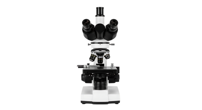 white compound microscope with multiple lenses and adjustable stage, cutout, PNG isolated on white or transparent background