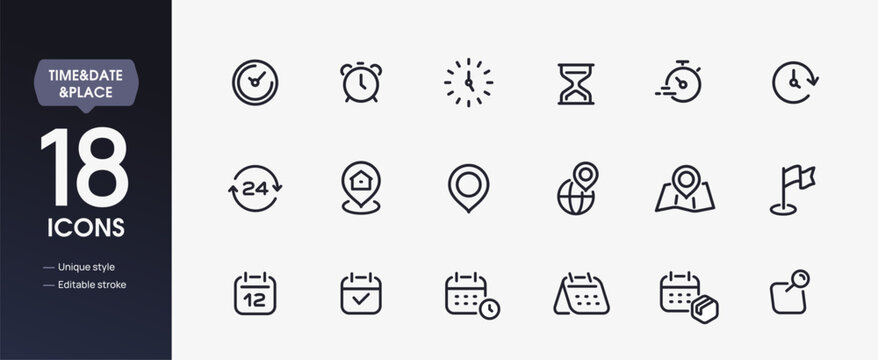 Set of time, date and location line icons. Simple symbols with clock, alarm, timer, map with pin, calendar and schedule. Editable stroke. Outline vector illustration collection